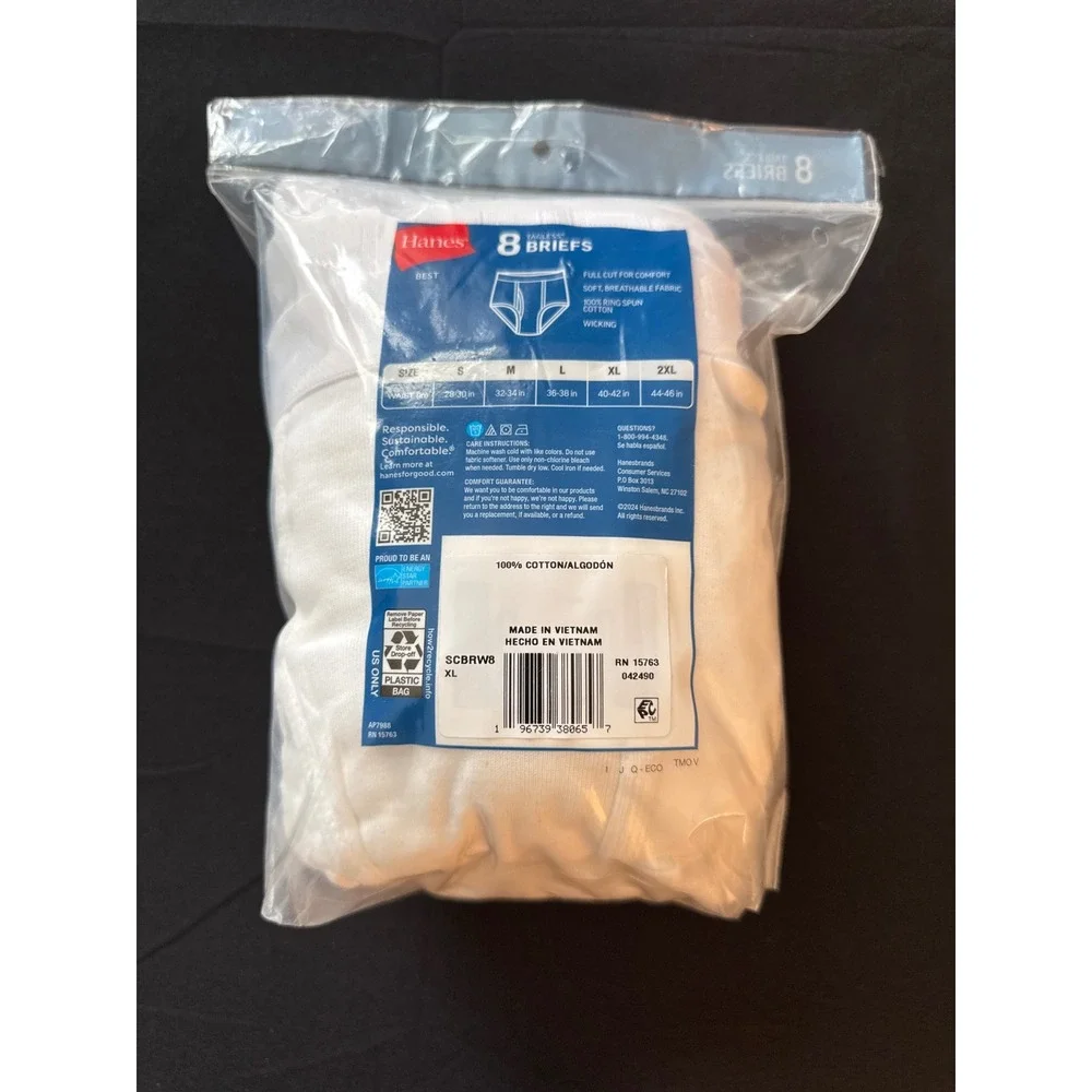 Hanes Best Mens Tagless Briefs 8 Pack White Cotton Wicking XL 40-42 SCBRW8